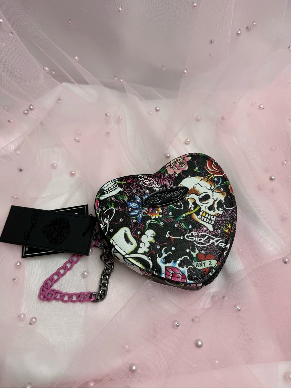 Ed Hardy Heart Skull Graphic Print Zip-Around Coin Wallet
